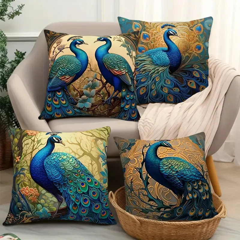 4-Pack Square Cushion Covers Blue Peacock Print Sofa Pillow Cases Modern Home Decor Luxury Living Room Soft Durable Fabric