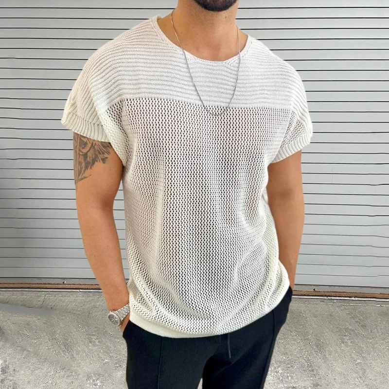 Leisure Hollow Out Breathable Knit Tops Men Summer Vintage O Neck Mens Knitted T-shirt Short Sleeve Solid Color Knitting T Shirt