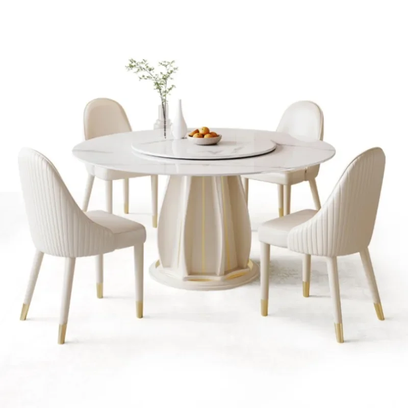 

Cream wind solid wood rock slab dining table Modern simple dining Household small apartment round table with turntabl