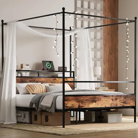 LIKIMIO Canopy Bed Frame King Queen with Storage Headboard & Charging Station, Sturdy Metal Platform Bed with 4 Removable Posts