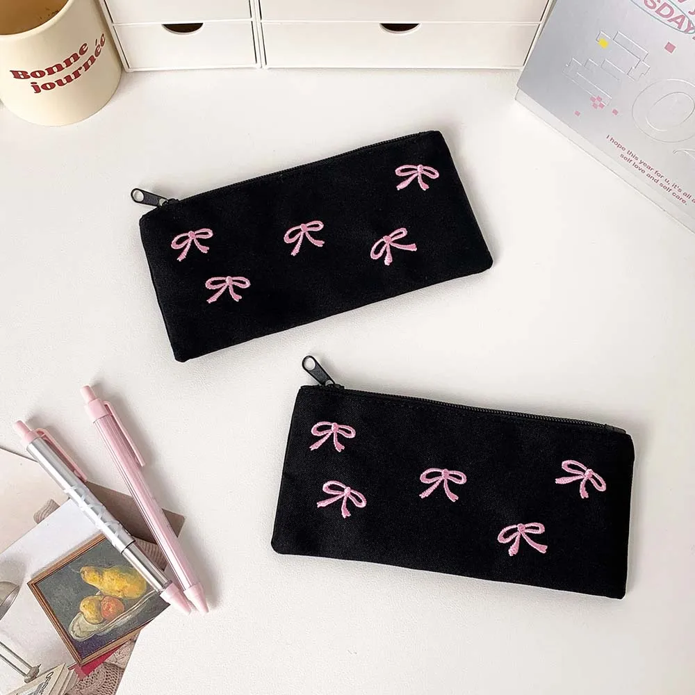 Bowknot Bow Stationery Bag Desktop Storage Black Pink Korean Style Pencil Case Ins Style Large Capacity Bow Pencil Pouch Office