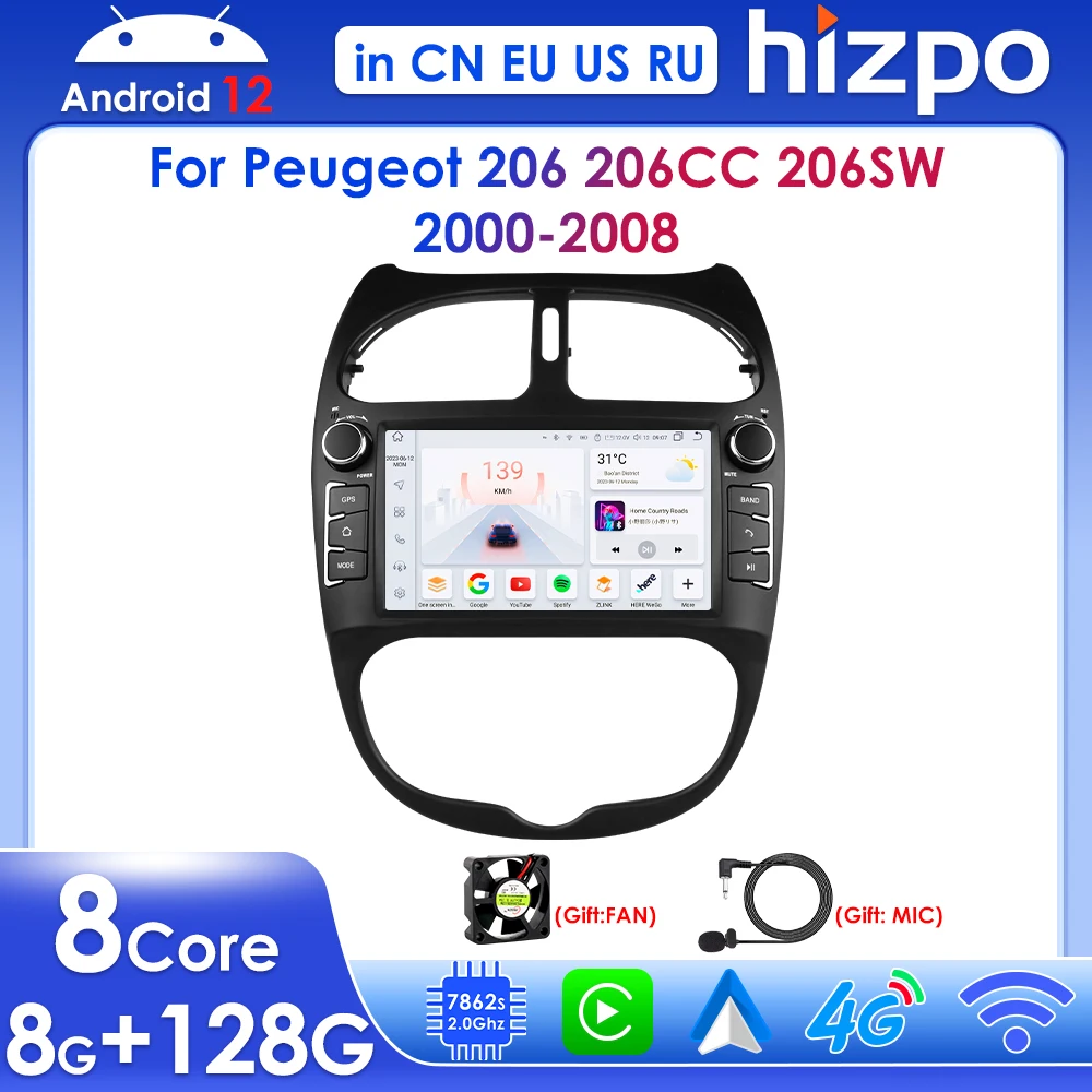 

Hizpo 7" Automotive Multimedia Carplay Car Radio Android Auto for Peugeot 206 206CC 206SW 2000-2008 GPS Navi 2 Din Stereo RDS BT
