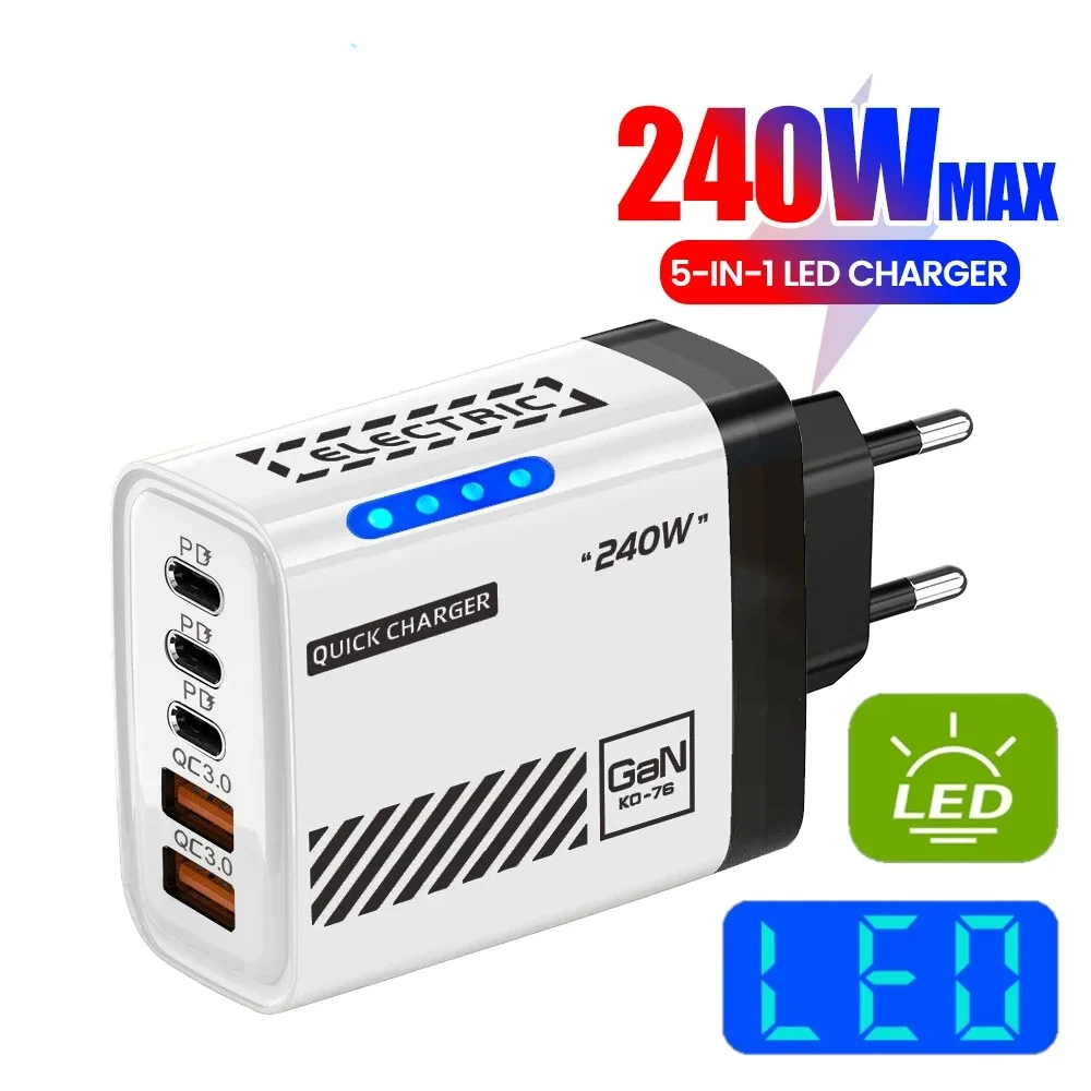 GaN 240W 5-Port USB C Fast Charger PD QC3.0 Wall Adapter for iPhone 16 17 Samsung Xiaomi Huawei EU/US/UK Plug Desktop Charger