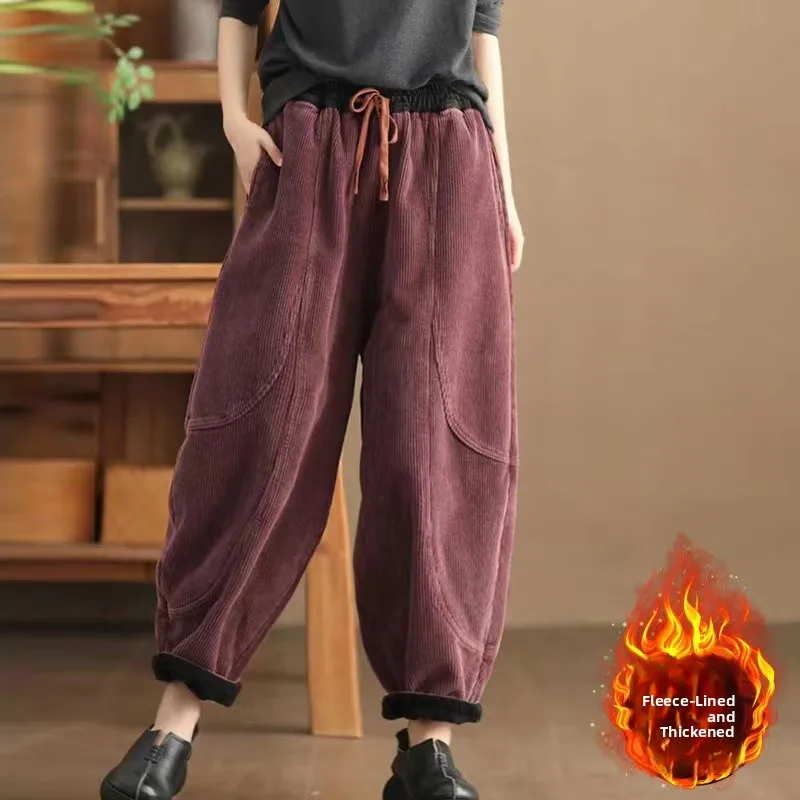 Thiened القطن سروال قصير Fce اصطف سراويل تقليدية المرأة Bootcut فانوس هارلان السراويل عالية الخصر السراويل الطويلة تخفيف Sle