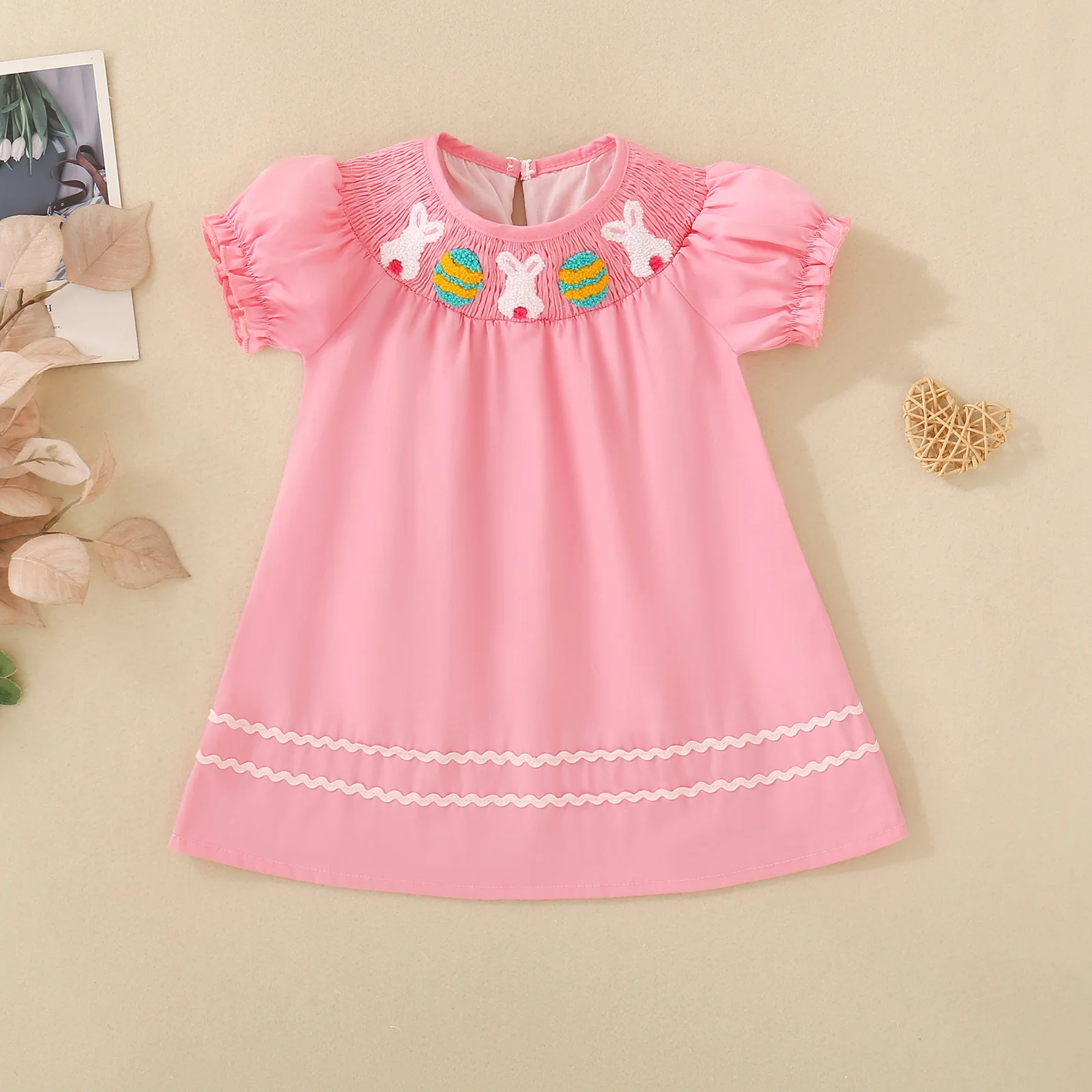 Summer female infant bunny embroidered pink short-sleeved skirt sweet and cute