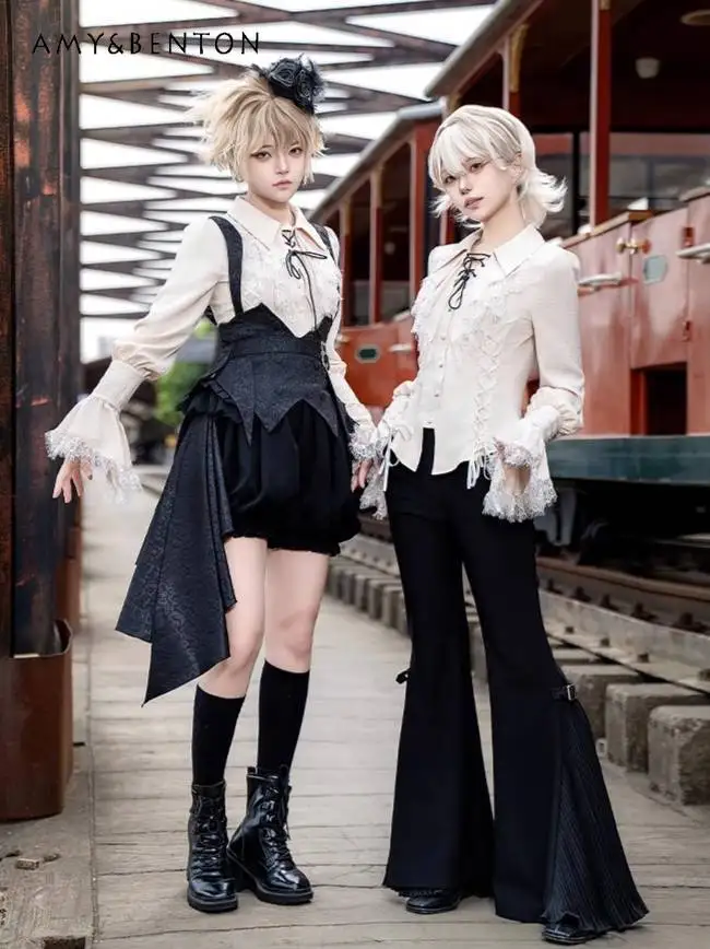 

Original Court Style Goth Cos Prince Suit Lolita Retro Horn Sleeve Shirt Waist Seal Fluffy Overalls Three-piece Set Subculture