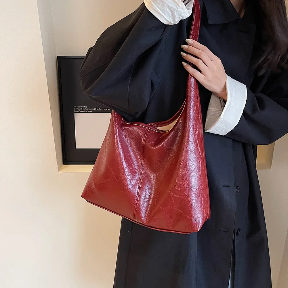 Bolso de mano de piel sintética suave para mujer, bolsa de hombro Vintage, color rojo vino, grande, 2 piezas