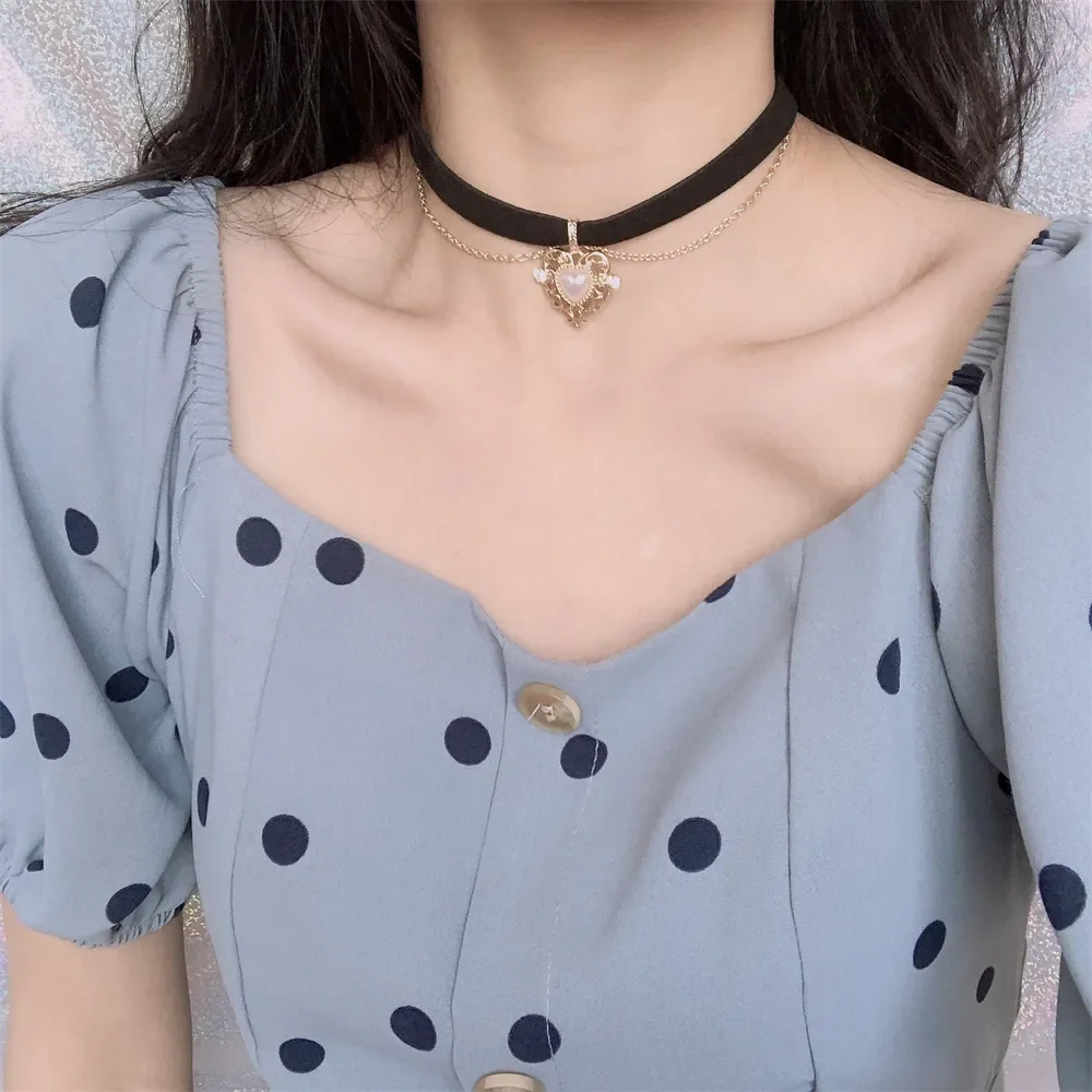 Vintage Velvet Chain Choker Necklace Gothic Heart Imitation Pearl Pendant Collar Women Clavicle Chain Necklace Party Jewelry