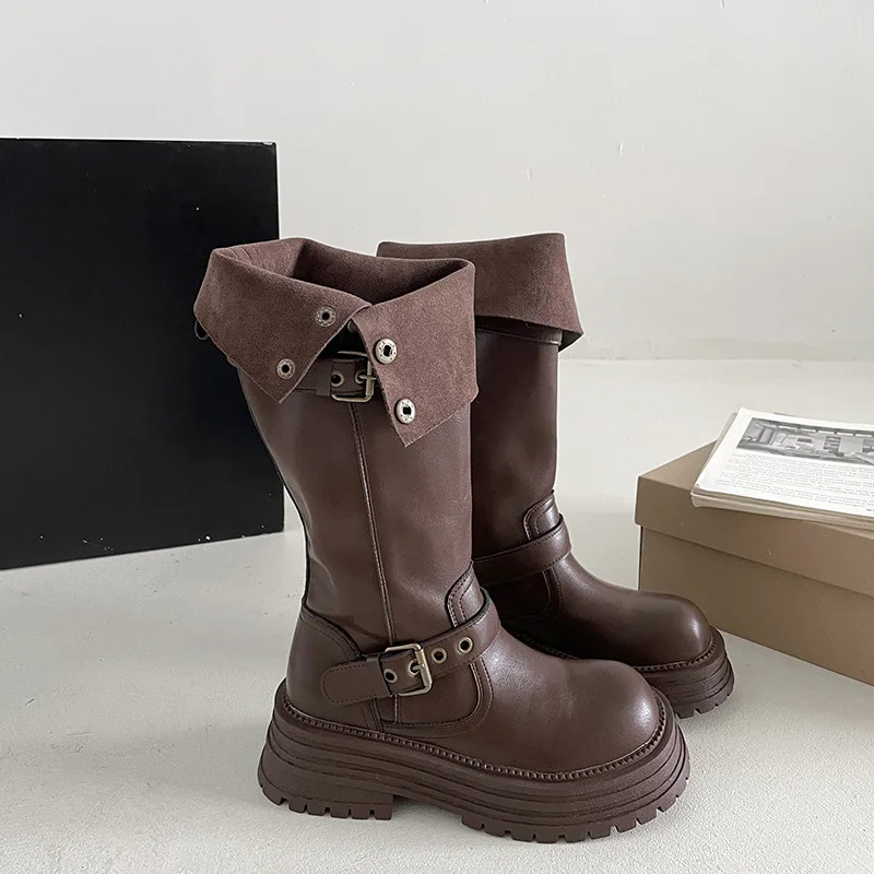 Brown retro British style thick heel platform boots women's 2024 new spring and autumn but knee height knight boots