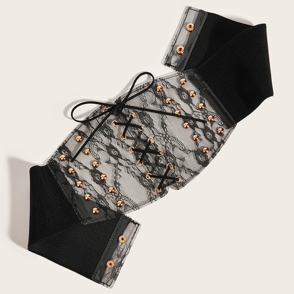 Cintura larga, pizzo, estremità legata con rivetti, elastico in vita, elastico ed elastico, cappotto lungo, gonna lunga, sigillo in vita