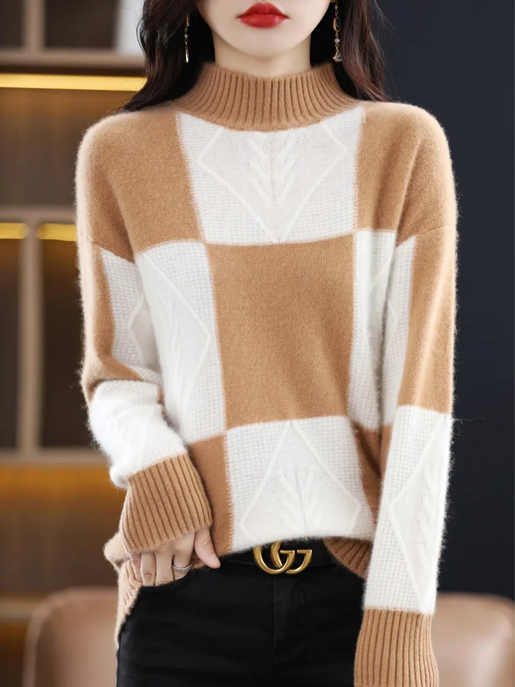 Fashion Autumn Winter Women Sweater 100% Merino Wool Splicing Mock Collar Knitted Pullover Long Sleeve Clothes Top Casual Jumpee