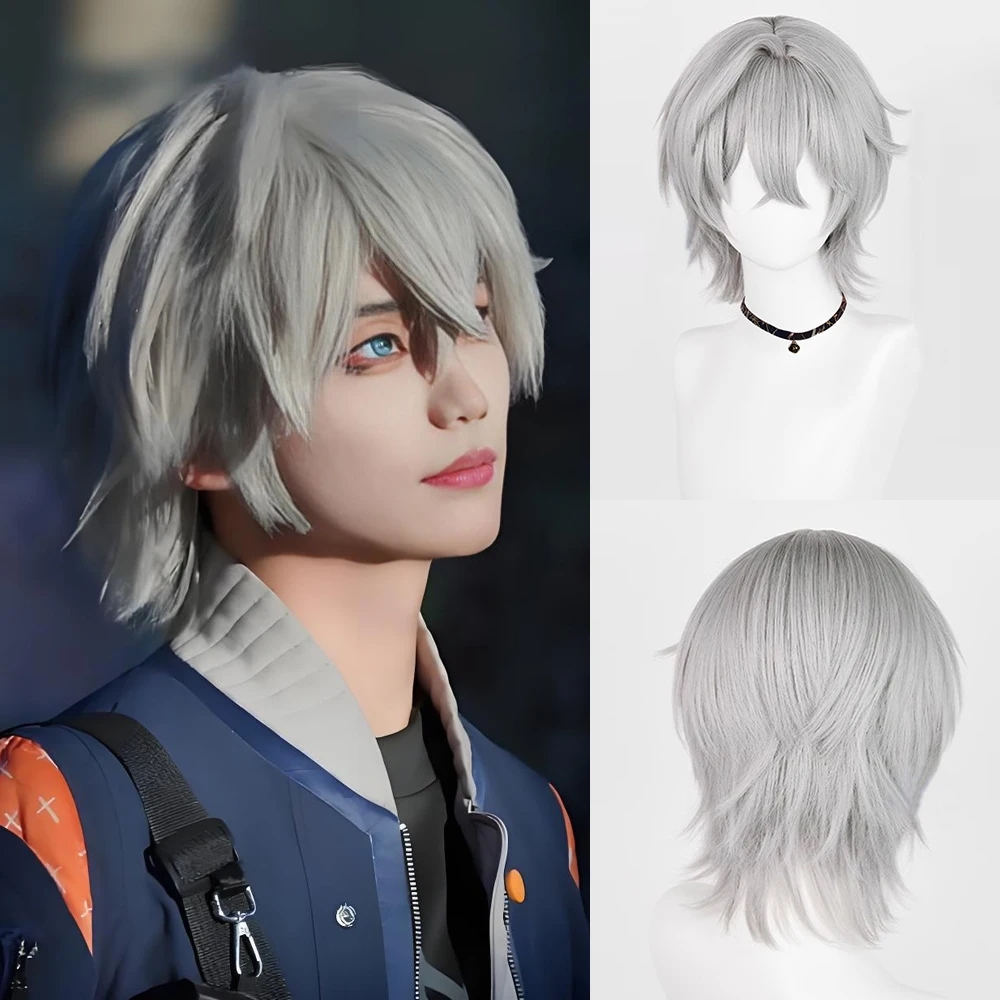 

Синтетические короткие прямые серые парики с челкой для мужчин, аниме-игра, косплей, вечеринка на Хэллоуин, термостойкие искусственные волосы