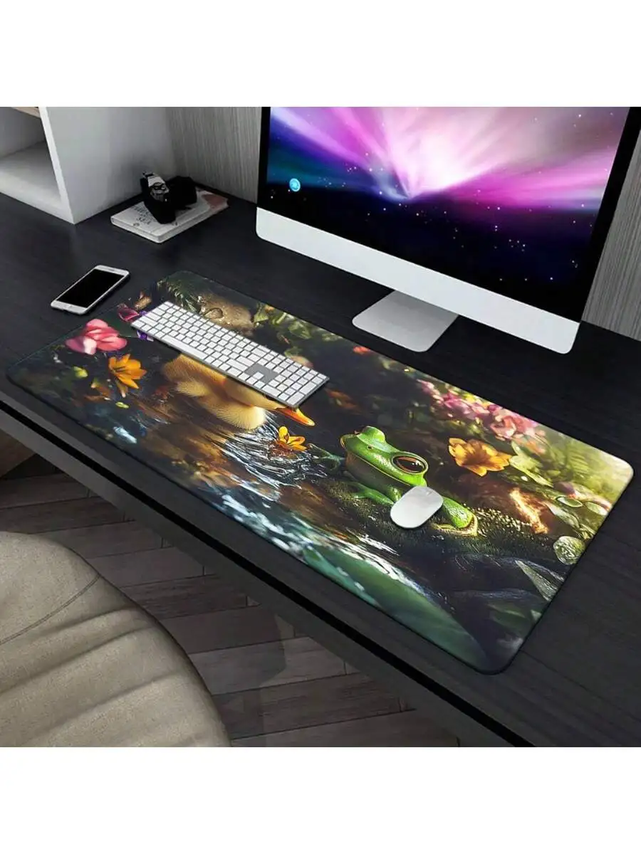 Whimsical Duck And Frog Garden Design Large Gaming Mouse Pad Non-Slip Rubber Base Desk Mat For PC Laptop Office