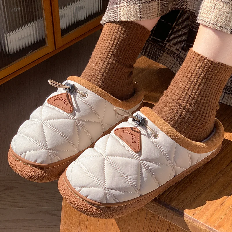 Waterproof Windproof Plush Slippers Women Down Cloth Non Slip Warm Winter Cotton Slippers Woman Outdoor Thick Sole Couple Shoes