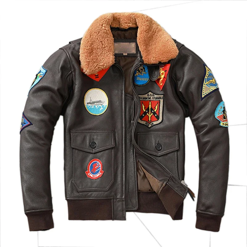 Aviator Embroidery Bomber G1 Flight Jacket Cowhide Leather Coat Men Air Force Winter Clothing Aviation Coats Real Fur 2XL-3XL