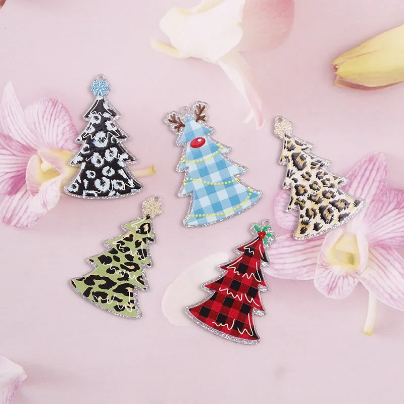 Christmas style 50pcs/lot color pattern print cartoon christmas tree shape acrylic beads diy jewelry earring/garment accessory