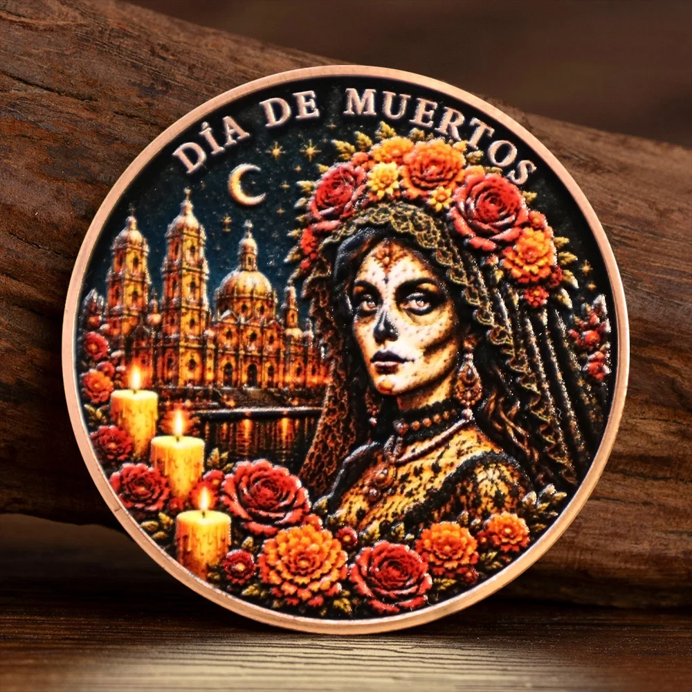 Dia De Muertos Copper Commemorative Coin Mexico Day of The Dead Sugar Skull Angel Pattern Collectible Coin Souvenir Gift