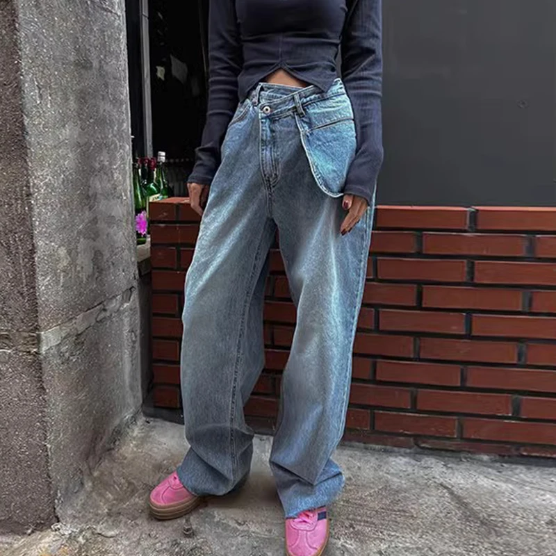 Retro Chic High Waist Straight Leg Jeans Women's Long Pants Autumn Winter Large ket Asymmetrical Button Design Faionable