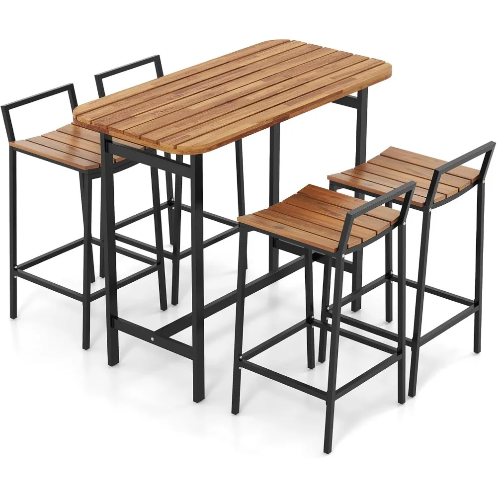 

5 Piece Acacia Wood Bar Table Set, Outdoor Bar Height Table & Chairs with Metal Frame & Footrest, Patio Bar Table Set for 4, Pa