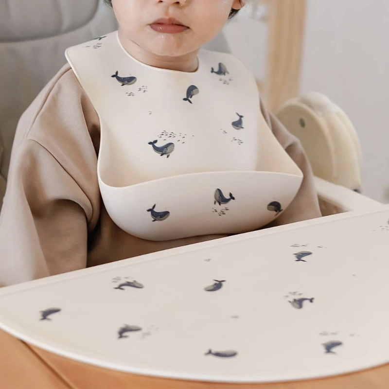 Grade Silicone Baby Kids Bib Placemats Set Soft Non-Slip Silicone Dining Table Mat Pad Rainbow Baby Feeding Bib Tableware