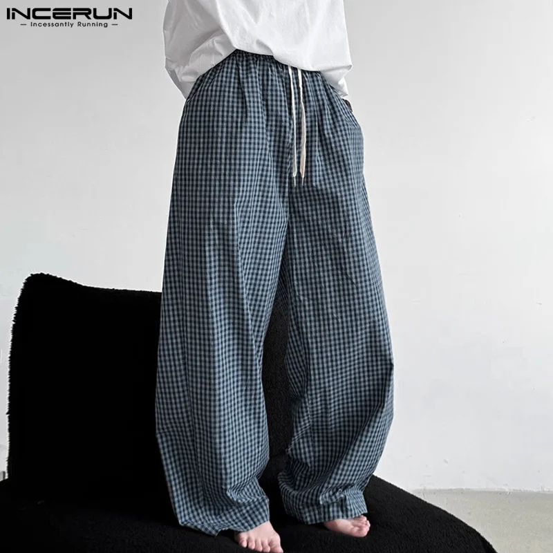 

INCERUN Men Plaid Pants Drawstring Joggers Loose Trousers Men Vintage Streetwear 2025 Korean Style Casual Male Wide Leg Pants