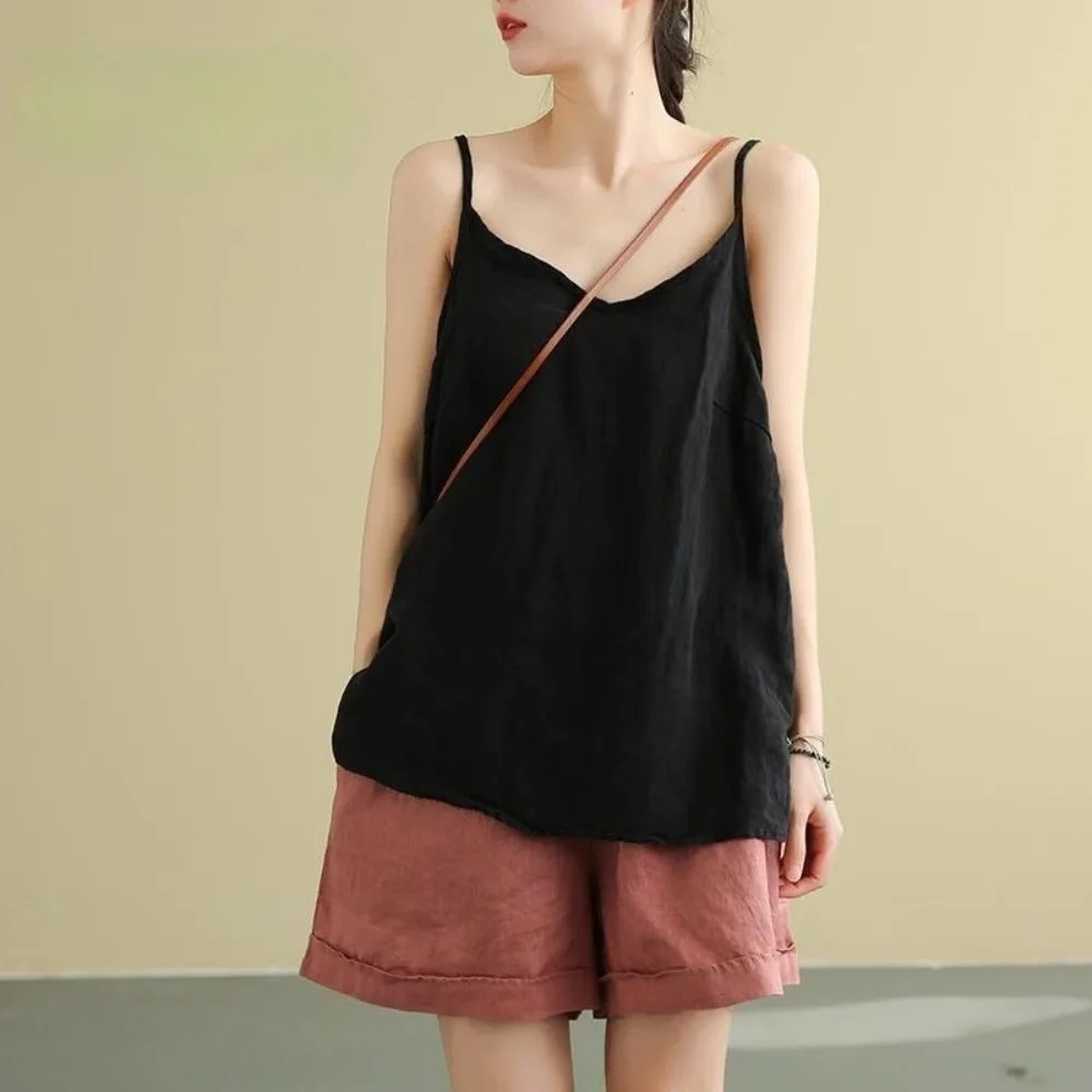 Basic Cotton Linen Spaghetti Strap Top Sleeveless V Neck Sleeveless Tank Top Breathable Loose Fit Camis Top Summer Wear
