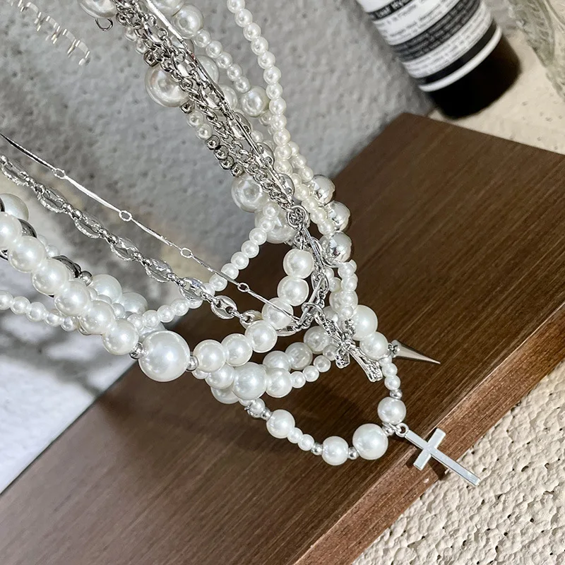 Modern Jewelry Elegant Temperament Multi Layers Cross Simulated Pearl Necklace For Women Female Gifts Fine Design Accessories