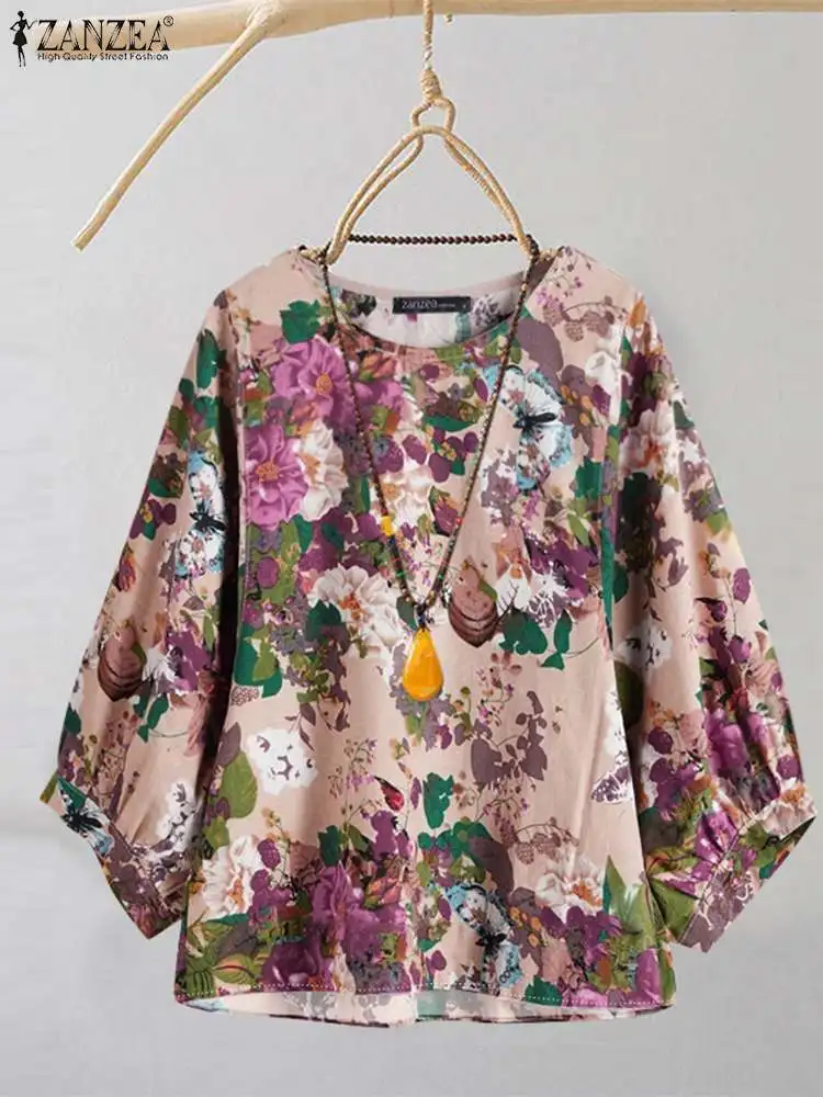 ZANZEA Women 2024 Round Neck Tops Casual Korean Loose Floral Printed Blouse Fashion Autumn 3/4 Sleeve Tunic Holiday Blusas Femme