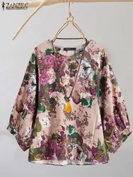 ZANZEA Women 2024 Round Neck Tops Casual Korean Loose Floral Printed Blouse Fashion Autumn 3/4 Sleeve Tunic Holiday Blusas Femme