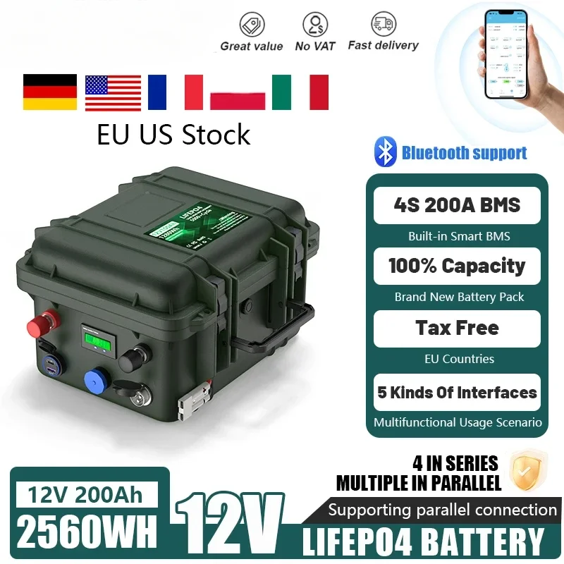 12V 200Ah 100Ah Lithium Iron Phosphate 2560Wh Bluetooth BMS Fish Boat Motor Battery 6000+ Cycles IP56 USB QC Charge EU