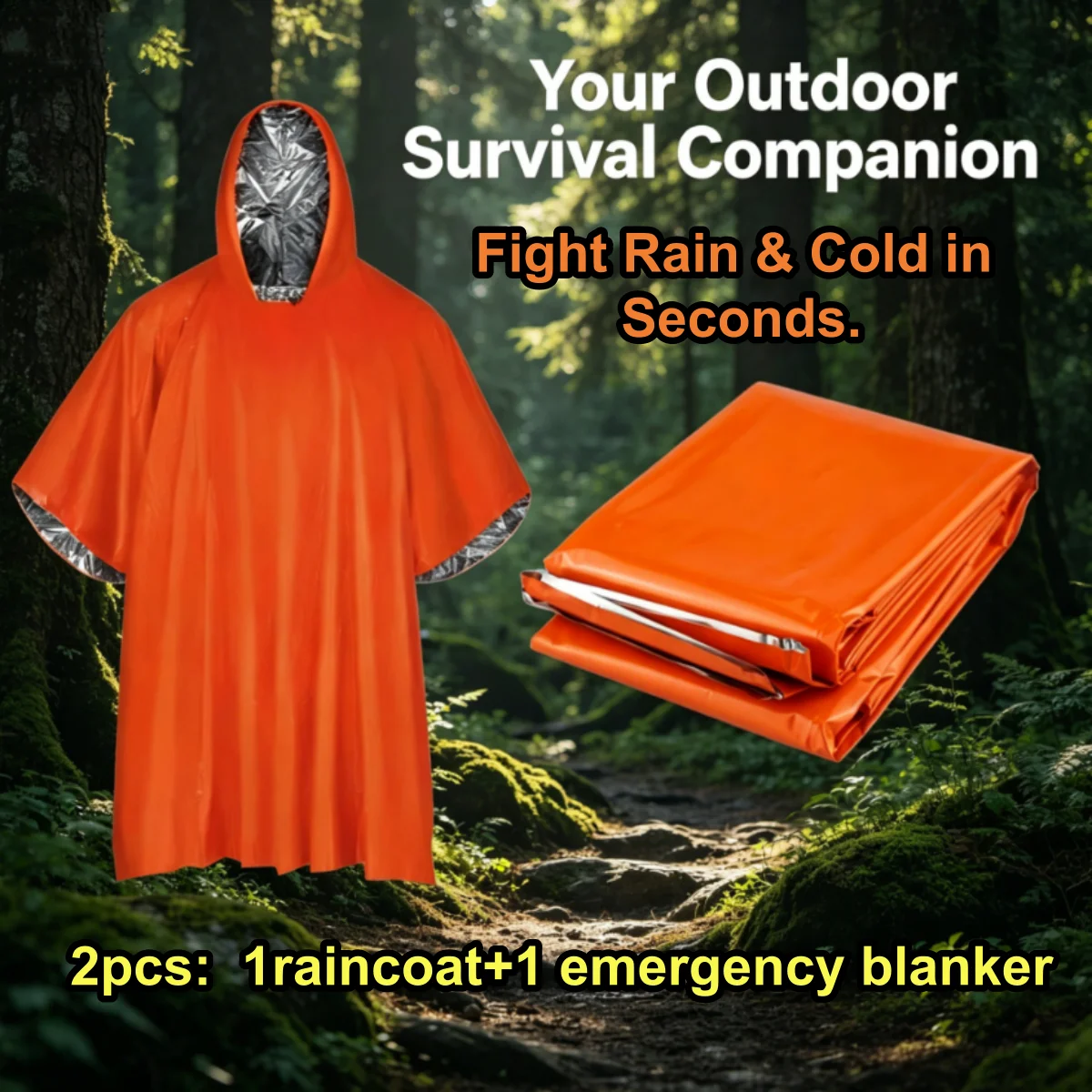 Portable Emergency Rain Poncho Mylar Thermal Blanket Set Waterproof Outdoor Survival Kit for Camping Hiking Disaster Prevention