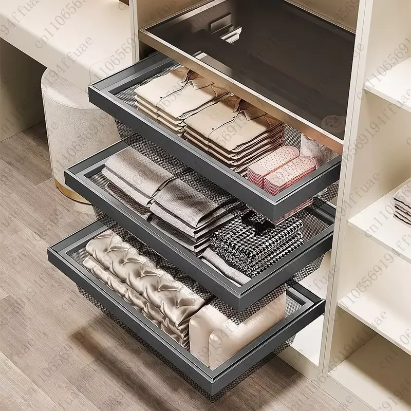 500/550 Wardrobe Pull-Out Basket, Drawer-Style Built-in Telescopic Sliding Rails Storage Mesh Basket