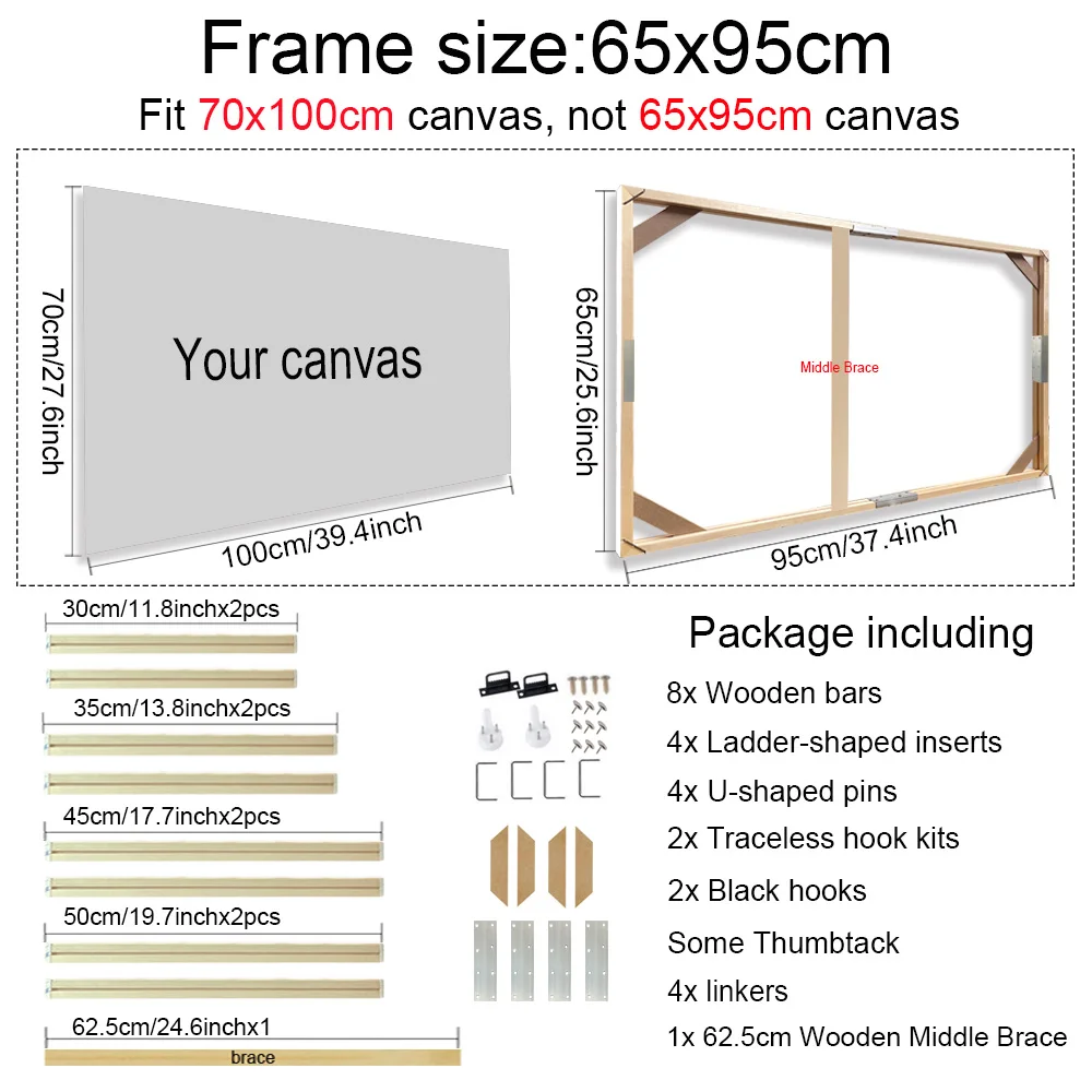 Verschillende maten canvas frame houten frames natuurlijke houten foto olieverf canvas diamant schilderij frames canvas houten muur frame