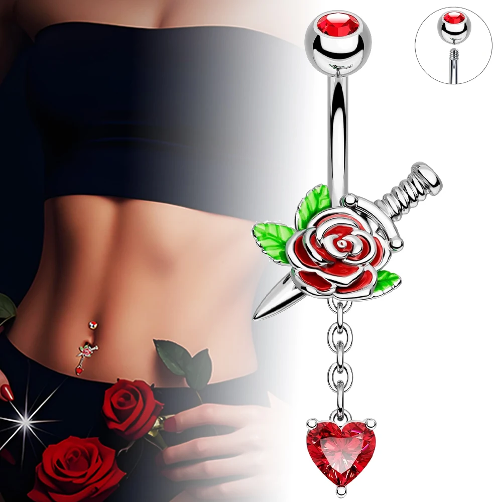 1PC Stainless Steel Rose Heart External Threaded Belly Buttom Ring Dangle With Dangling CZ Navel Piercing Jewelry For Wonman