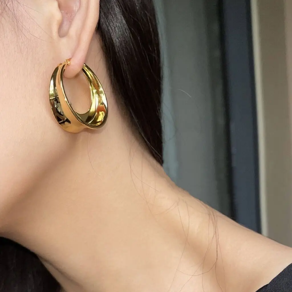 Brass With 18K Geo Hoop  Earrings Women Jewelry Punk Hiphop Designer Runway Rare Simply Gown Boho Top Japan Korean