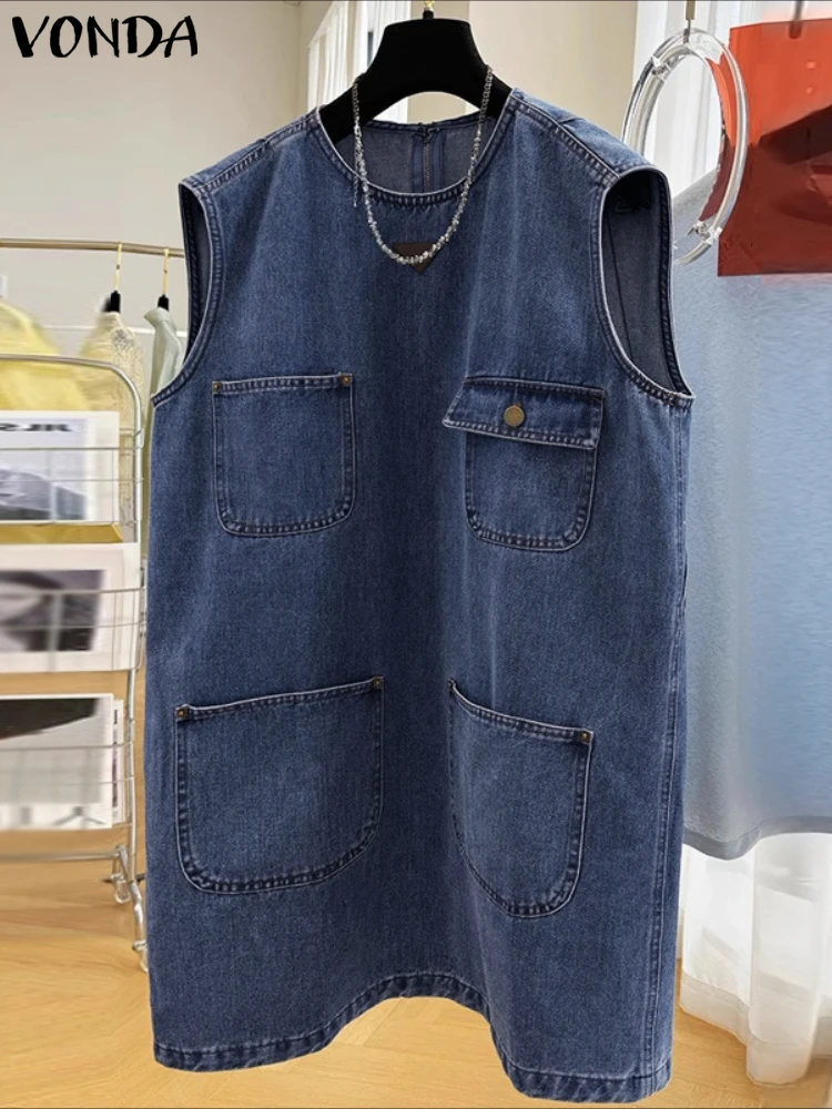 

VONDA Elegant Sleeveless Mini Dress Women Summer Pockets Casual Solid Party Sundress 2025 Fashion Buttons Loose Korean Vestidos