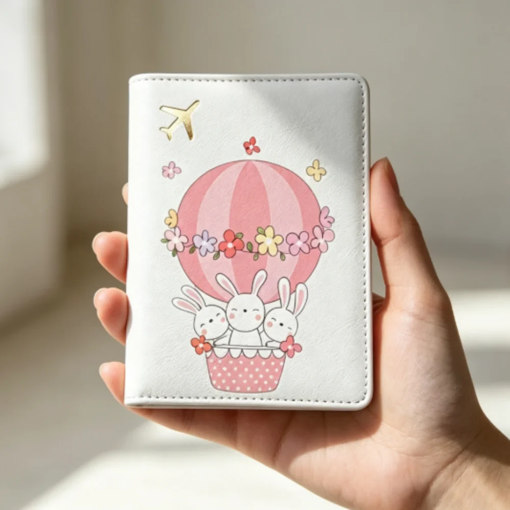 Housse de passeport personnalisée avec nom et dessin animé de lapin en montgolfière, étui de rangement pour documents de voyage