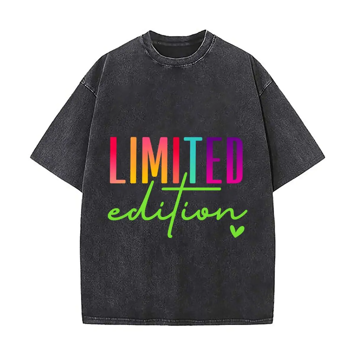Limited Edition Rainbow Gradient Handwritten Love Heart Design Distressed Faded Baggy Streetwear Tops for Park Hangouts