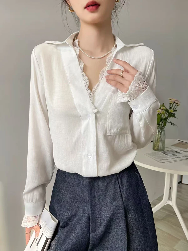 

Elegant Lace Patchwork Women White Shirt Summer Loose Simple Single Breasted Splicing Tops Y2K Fashion Lapel Long Sleeves Blouse