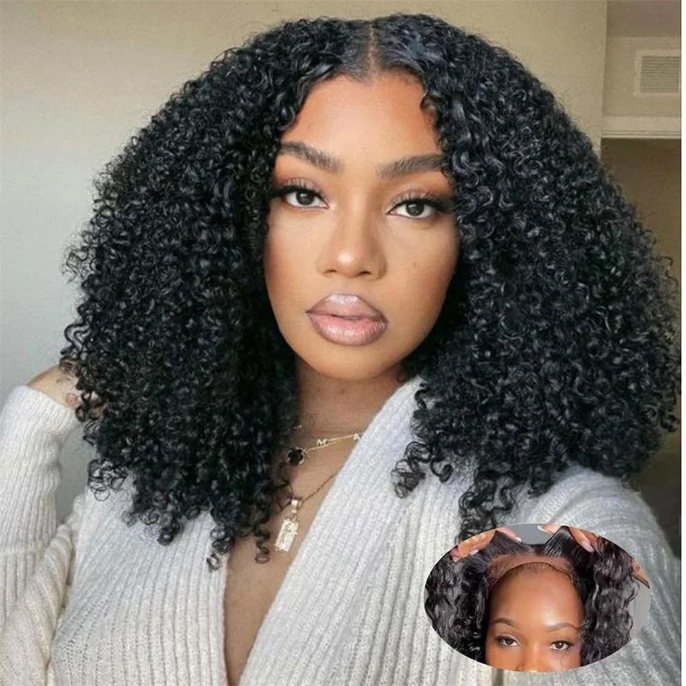 Kinky Curly Bob 4x4 Glueless Put-On-and-Go Lace Front Perücken aus Echthaar für Frauen, vorgezupfte kurze Kinky Curly Bob Perücken aus Malaysia, 180% Dichte, natürliche Farbe