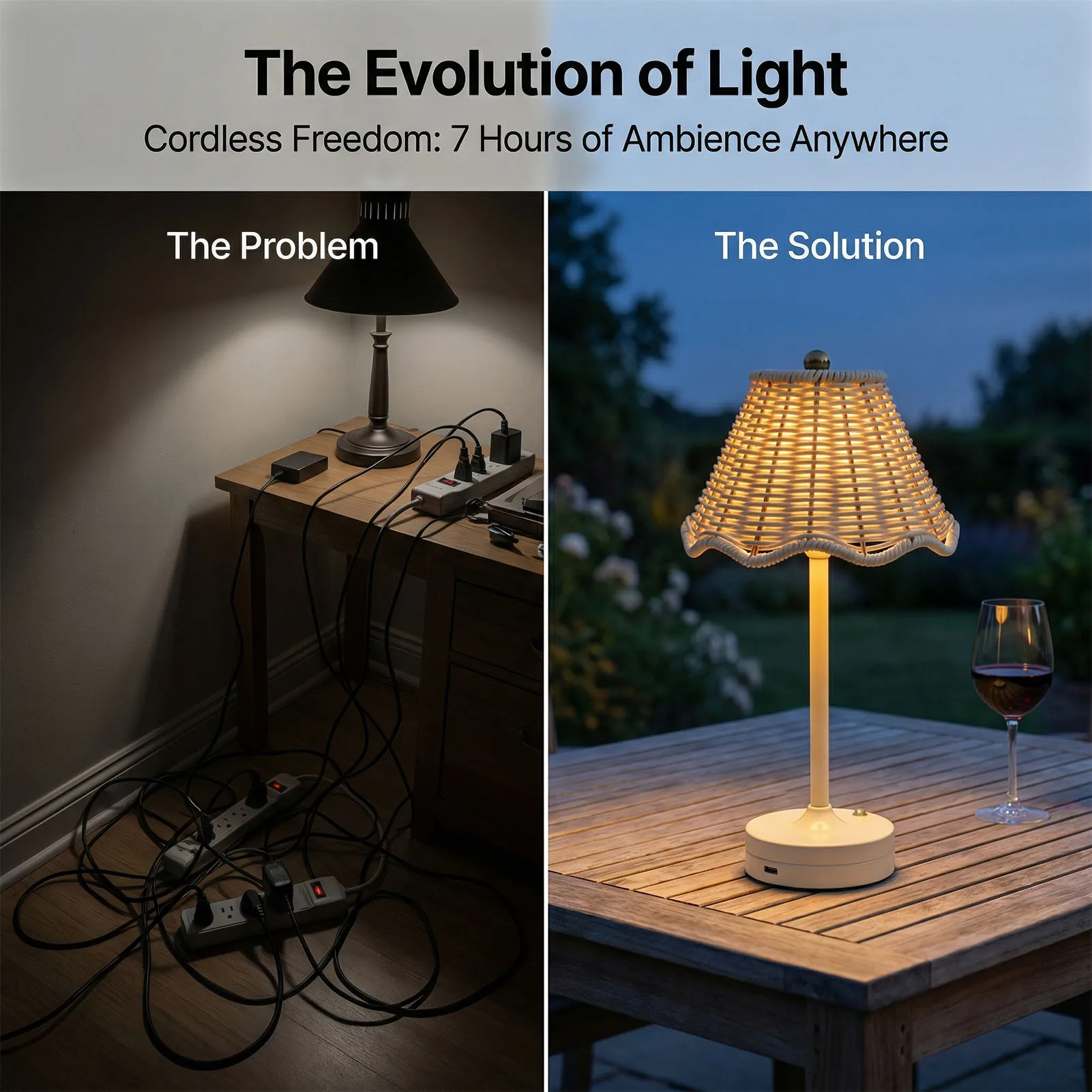 LED Vintage Rattan Table Lamp 3 Colors Cordless Wicker Shade Desk Lamp Bedside Night Light Adjustable Brightness for Bedroom
