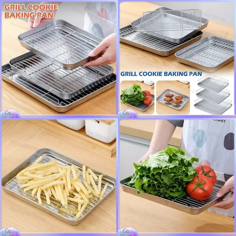 Stainless Steel Baking Pan Tray with Wire Rack for Cake BBQ Oven Brownie Roasting Grilling Cooking Tool