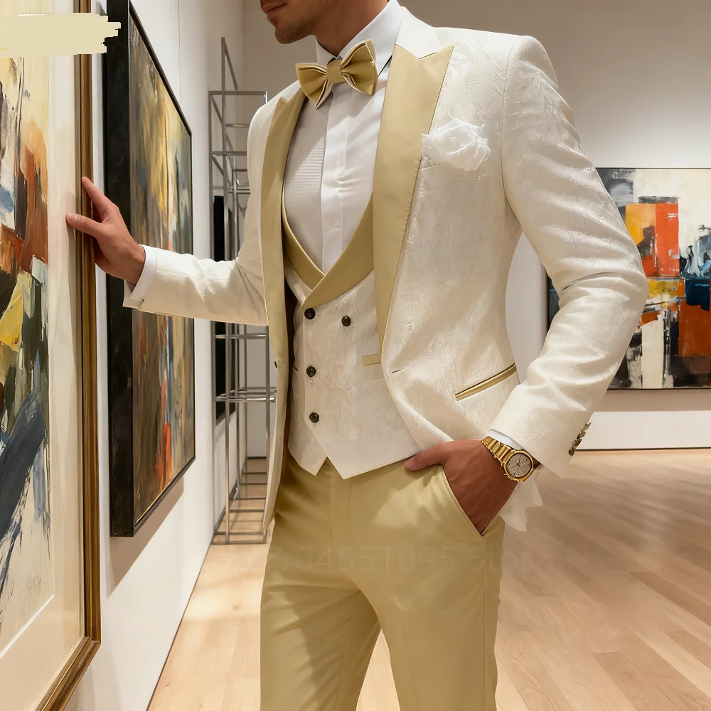 

Jacquard 3 Piece Men's Tuxedo Regular Fit Blazer Vests Pants Double Breasted Business Prom Wedding Set Men's Formal Clothes