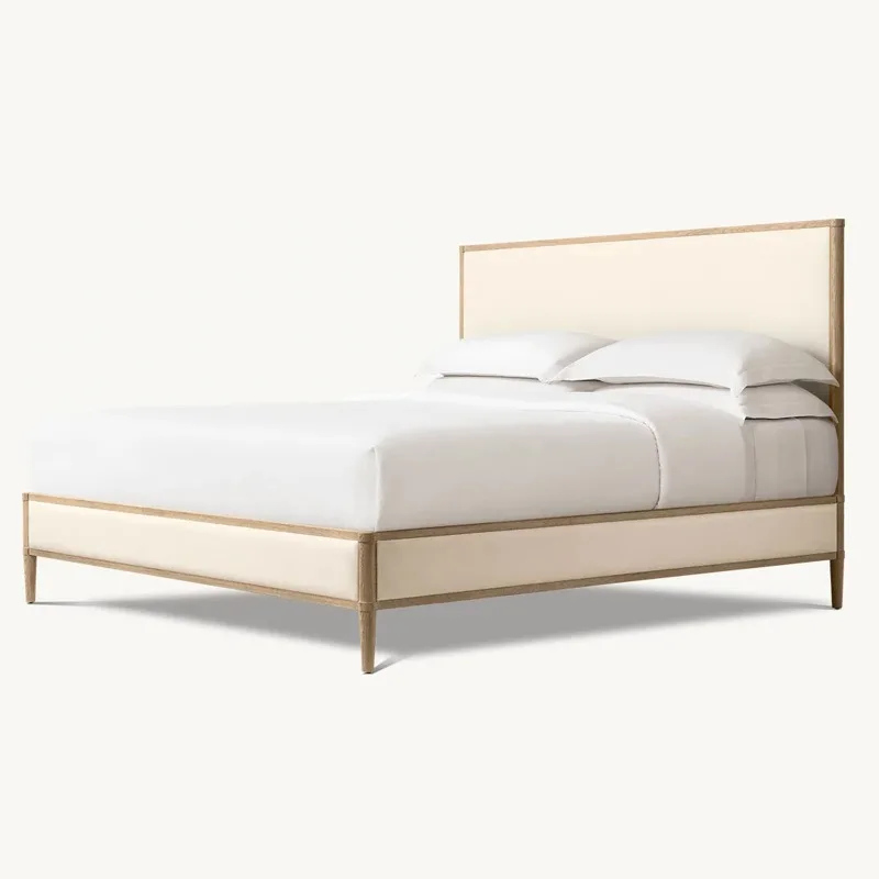 

Retro master bedroom solid wood double bed French antique old oak bed 1.8 meters villa furniture