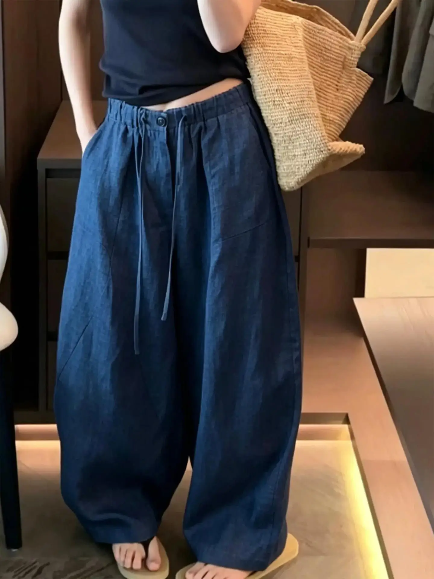 Loose Fit Casual Wide Leg Pants Women Drawstring Loose Style Blue Jeans Hip Concealing Slimming Long Trousers for Pear Shaped...