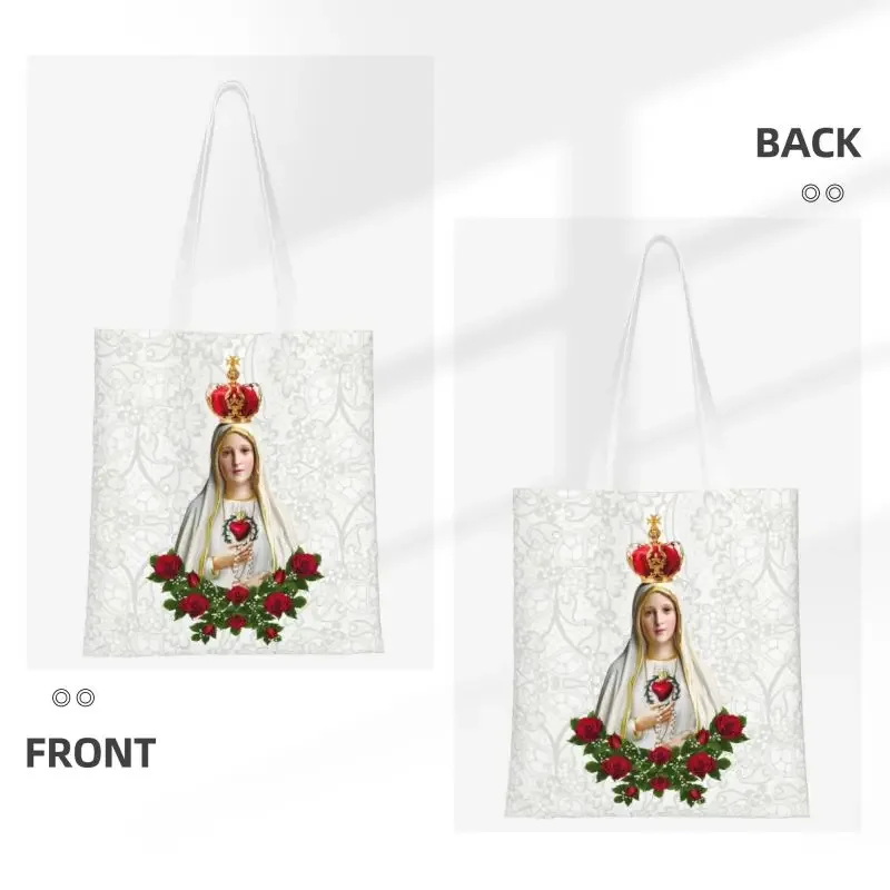 Cute Our Lady Of Fatima Virgin Mary Shopping Tote Bags Reusable Portugal Rosary Catholic Canvas Groceries Shoulder Shopper Bag