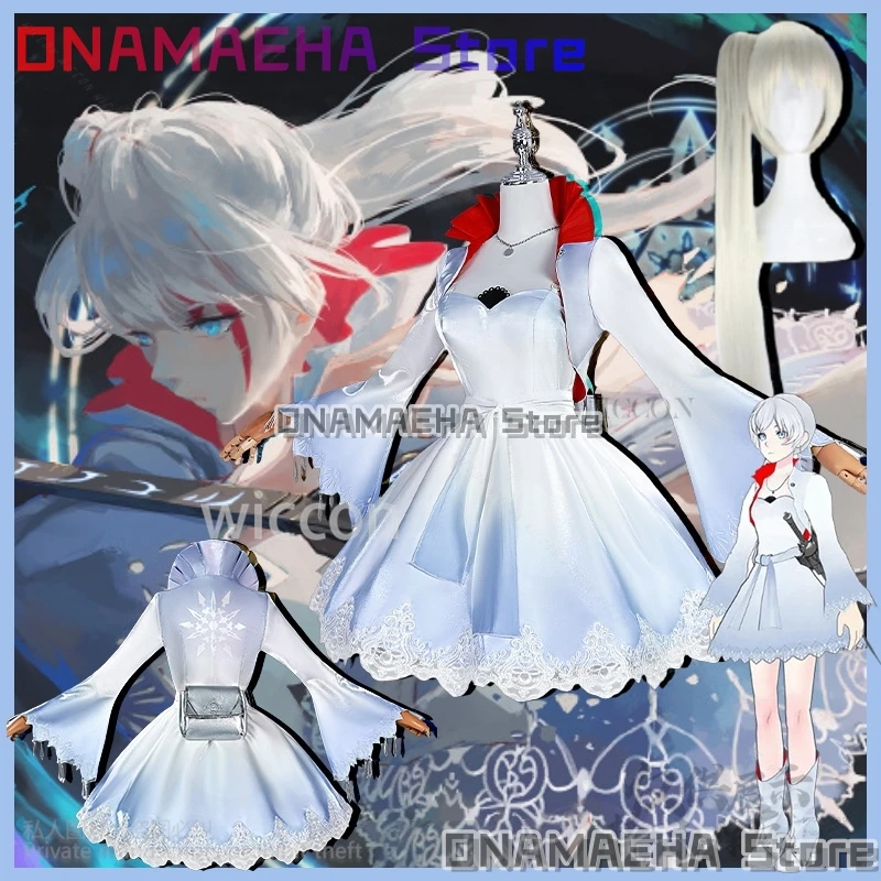 

Weiss Schnee Cosplay RWBY Anime Costume White To Blue Gradient Elegance Dress Lace Lolita Ponytail Wig Jirai Kei Halloween Girls