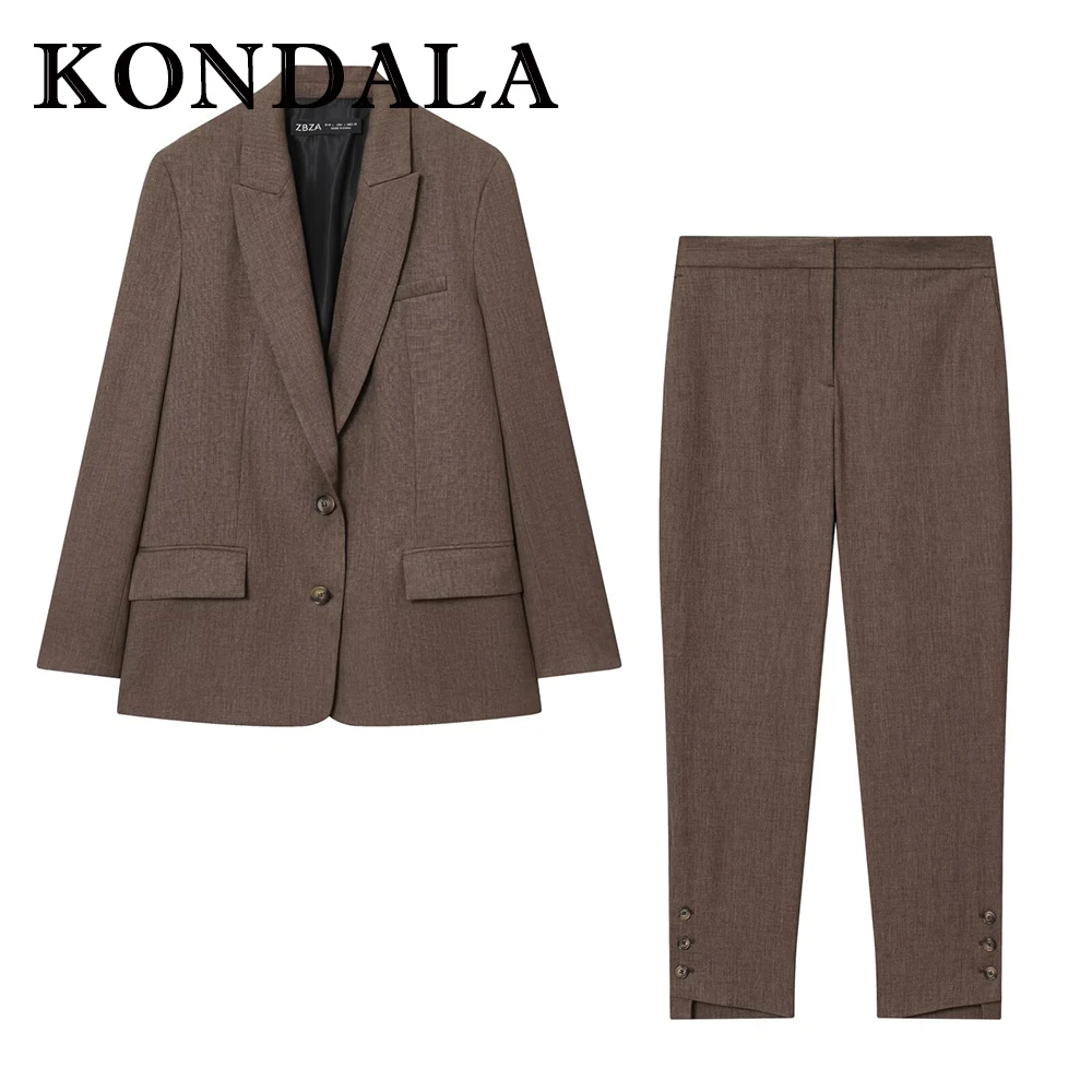 

KONDALA Chic 2025 осенние женские костюмы цвета хаки, пиджак на пуговицах с длинными рукавами + карманы на молнии, длинные брюки, женские модные офисные женские комплекты