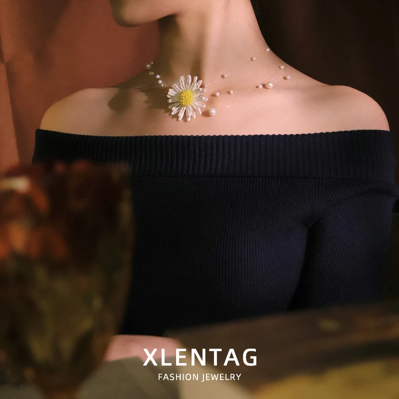 Natural Freshwater Pearl Fish Line Flower Necklace for Woman Wedding Date Holiday Daisy Floral Pearl Necklace Dainty Jewelry