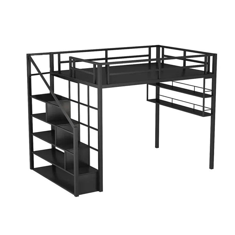 Wrought iron elevated small apartment loft high low sheet upper layer duplex second floor bed ladder cabinet iron frame bed